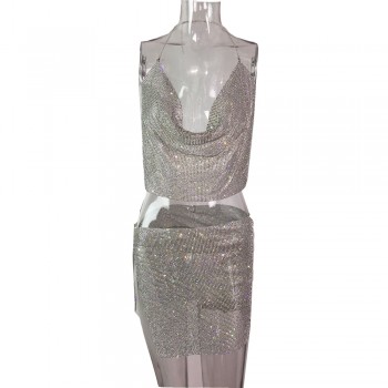 Rhinestone Metal Outfits Backless Halter Dress Gold Silver Night Club Dresses